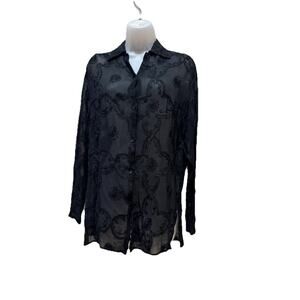 Finity Naturals Women Top Black Sheer Lace Long Blouse Button Up X-small